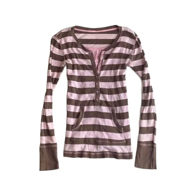 Winter T-shirt Stripe Fake 2Piece Slim Y2k Vintage Punk Sweet Harajuku Korea Woman Clothes Long Sleeves Elegant Tees Fashion Emo view 5