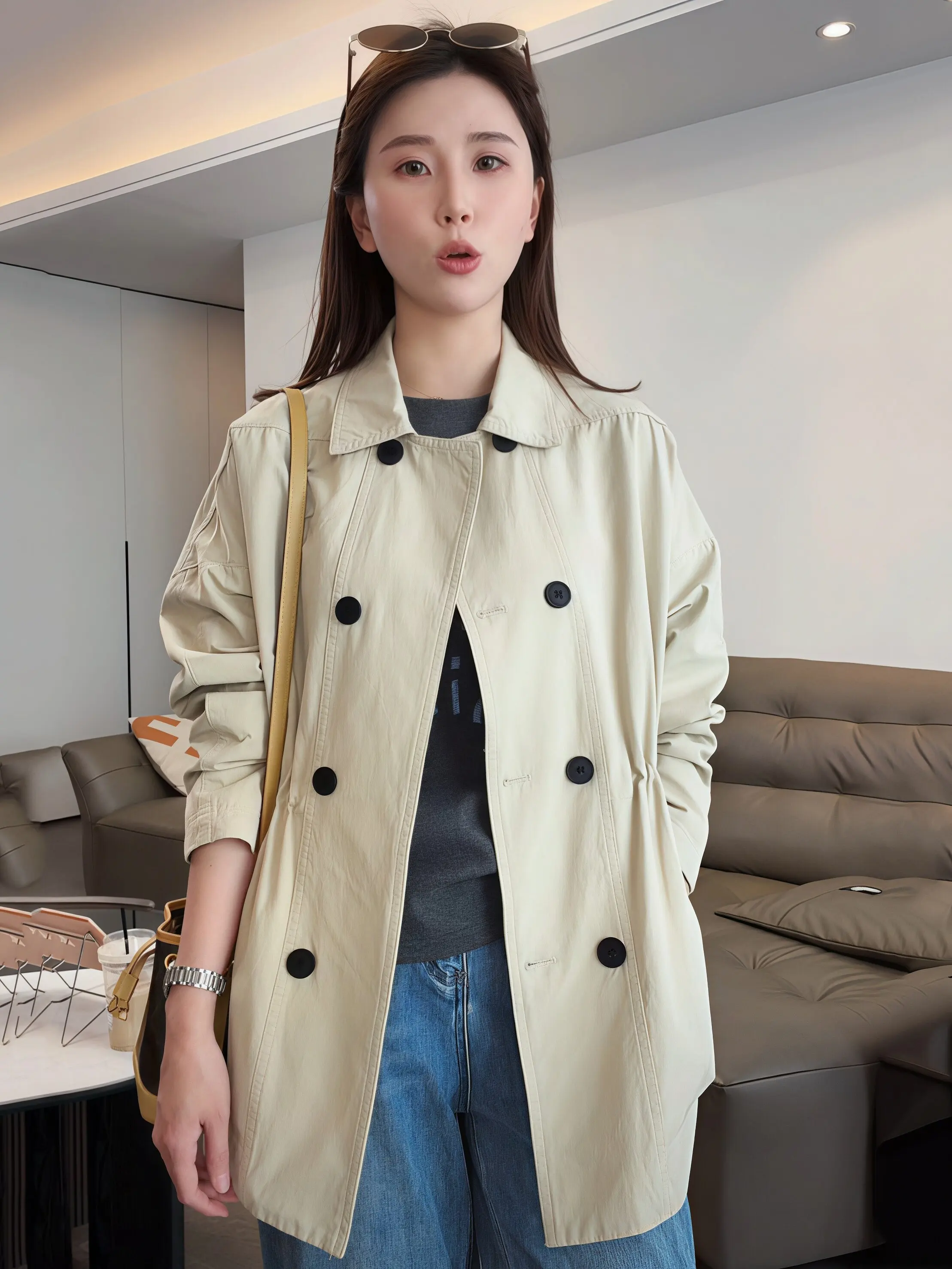 

Модное женское пальто в корейском стиле с воротником и поясом, средней длины, весенняя новинка, элегантное, универсальное, стройнящее