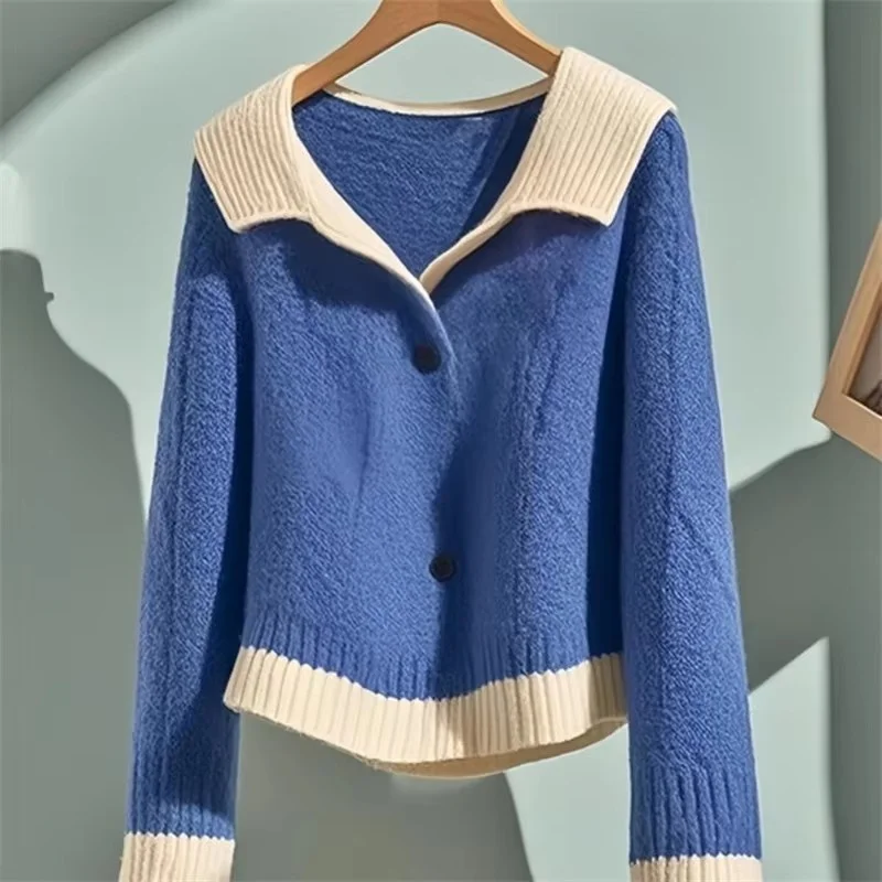 

2025 New Autumn Winter Lapel Sweater Women's Cardigan Wear Long Sleeve Knitwear Jacket Female Casual Wild Blue Sweaters Ladies