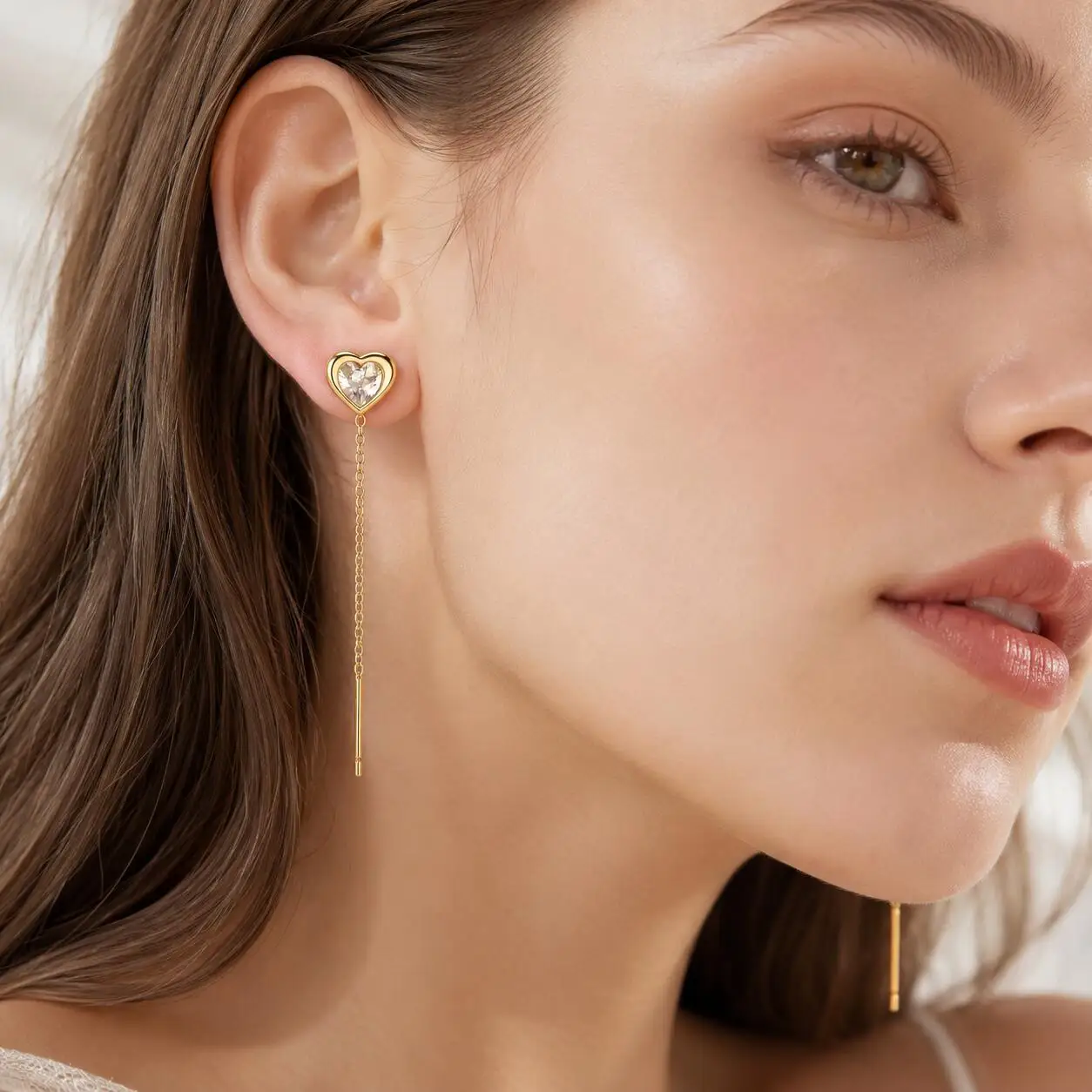 Minimalist Heart CZ Long Chain Threader Earrings, Tarnish Free Stainless Steel Ear Line, Elegant Drop Jewelry for Women
