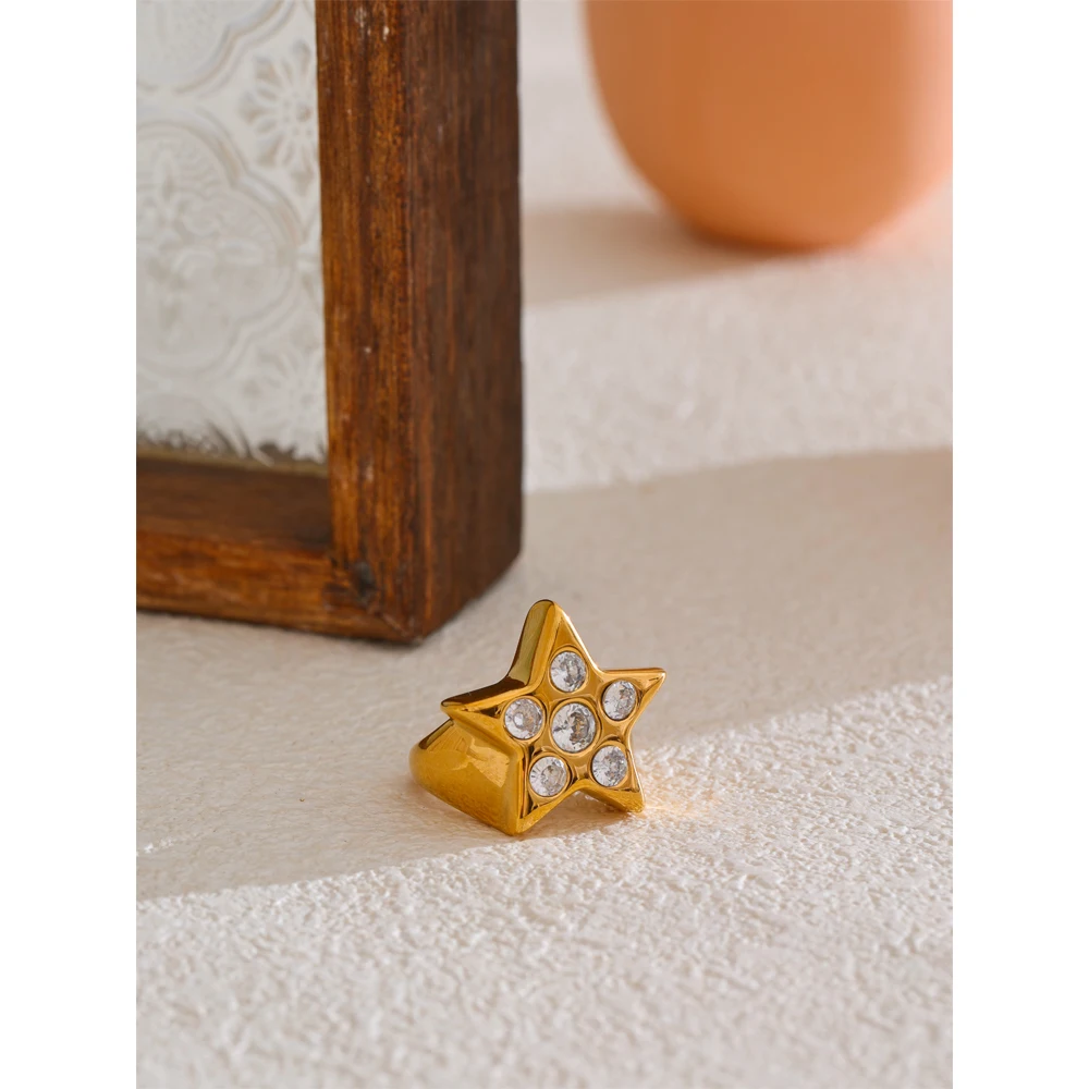 Yhpup Thicker Metal Pentagram Star Cubic Zirconia Ring 18K Gold Color Plated Fashion Statement Jewelry