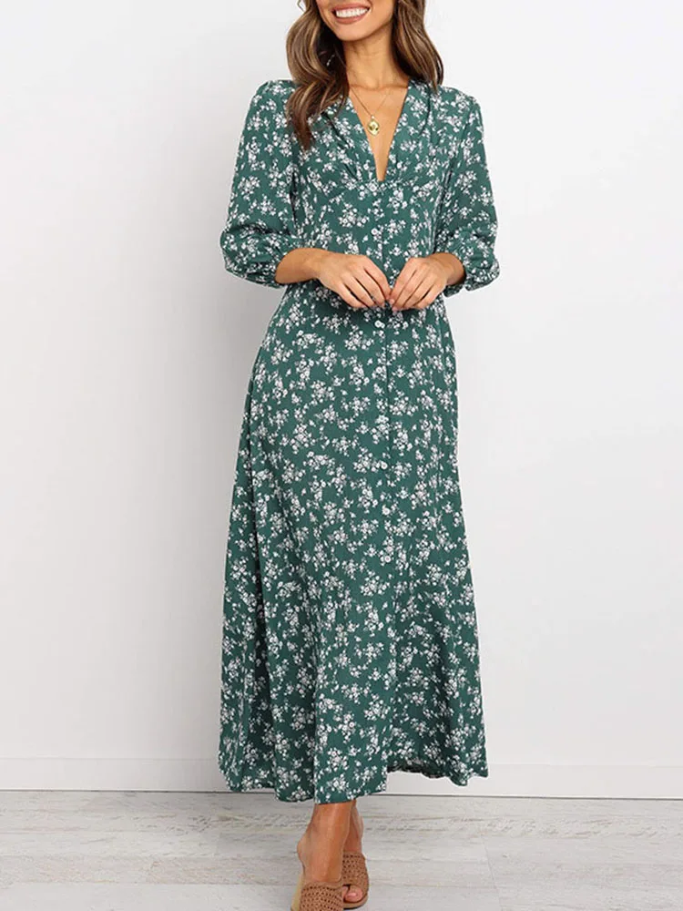 Women Summer Elegant Floral Print Maxi Dress 2022 Boho Three Quarter Sleeve V Neck Casual Office Long Dress Beach Robe Tunic