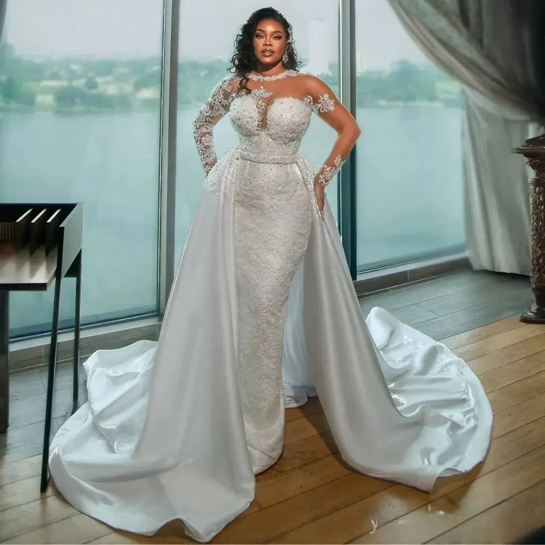

Customized Plus Size Mermaid Wedding Dresses Bridal Gowns Detachable Train Plus Size Illusion Long Sleeves Beaded Lace