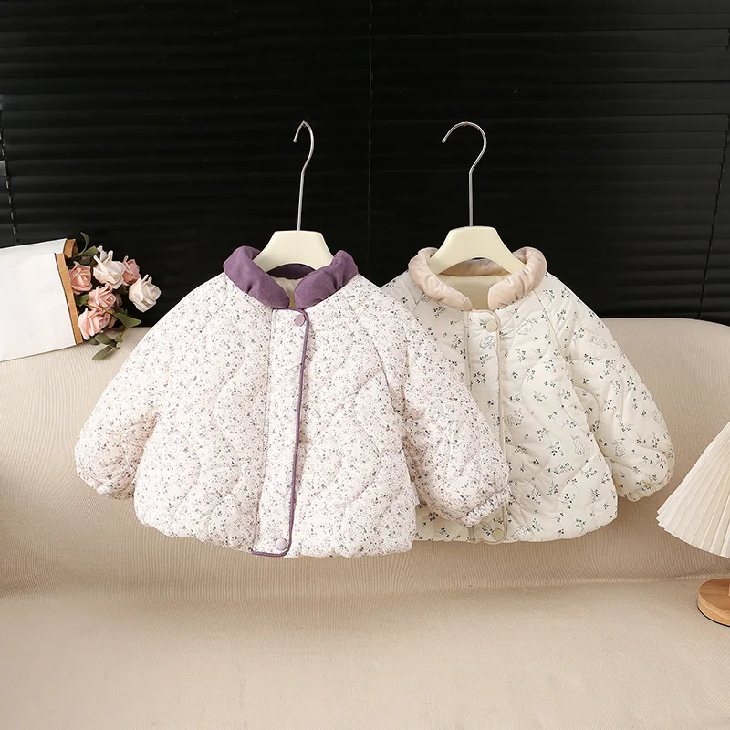 2026 Winter New Hot Selling Children's Collar Color Blocked Floral Thickened Cotton Jacket