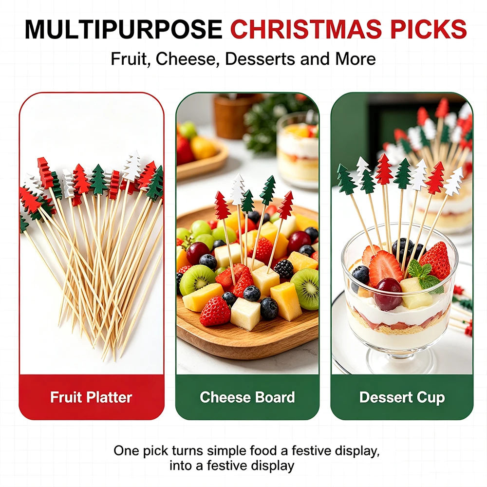 100PCS Disposable Christmas Tree Cocktail Picks, Colorful Decorative Bamboo Sticks, Holiday Food Garnish for Xmas Gathering, Fruit, Desserts, Drink Decoration - view 8