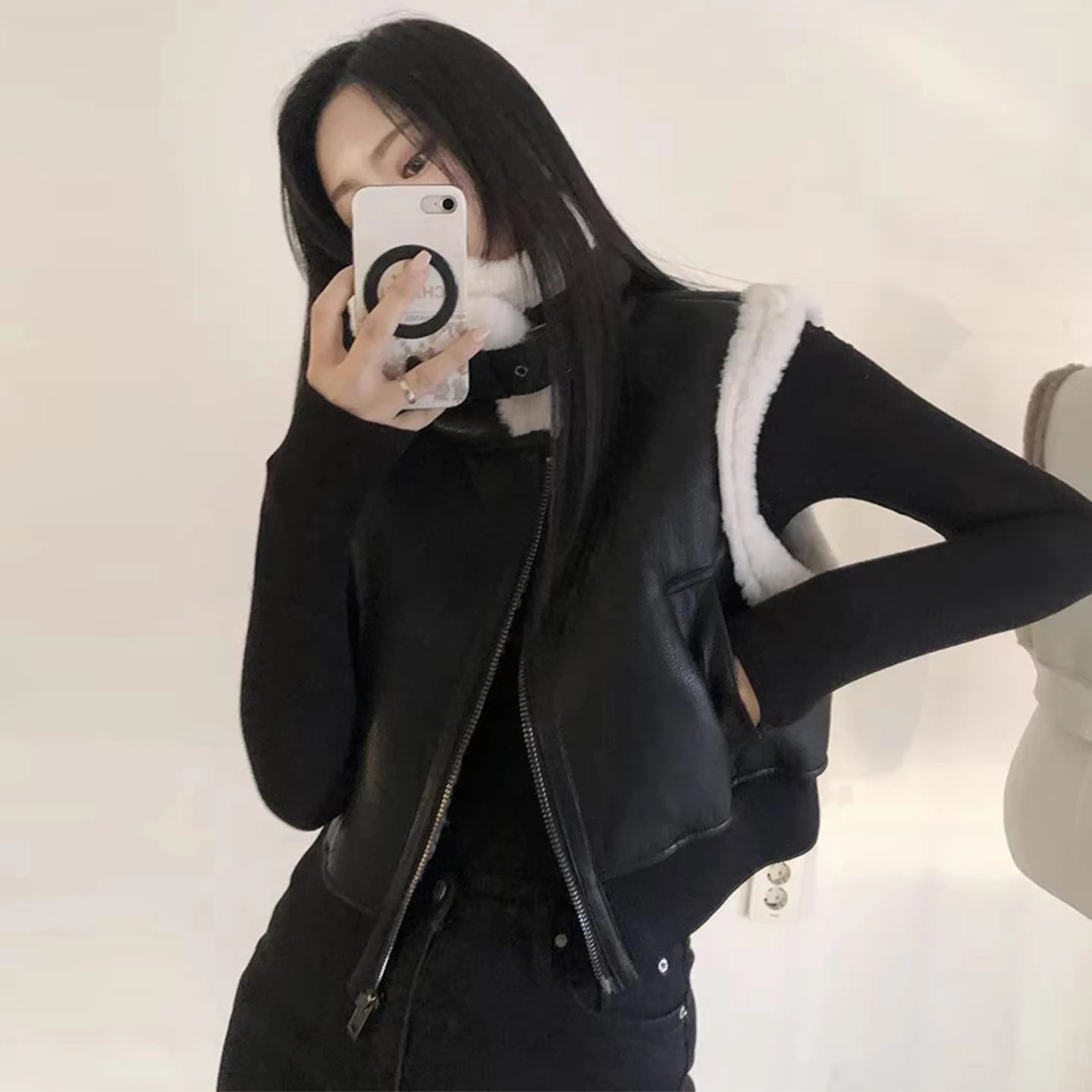 

Sli воротник-стойка в стиле пэчворк из искусственной кожи и меховой жилет Jaet женский топ без рукавов зима Новое поступление Faion Commute