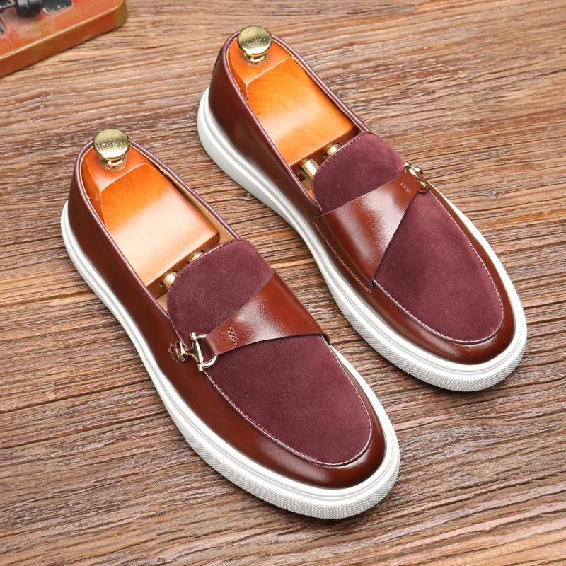 Retro Men Loafers PU Splicing Metal Buckle Decoration Flat Bottomed Casual Comfortable Breathable Men Shoes