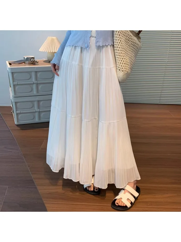 

White Chiffon A-Line Midi Skirt Women Summer plus Size Spring Autumn Pleated Flared Long Skirts Casual High Waist Long Skirt