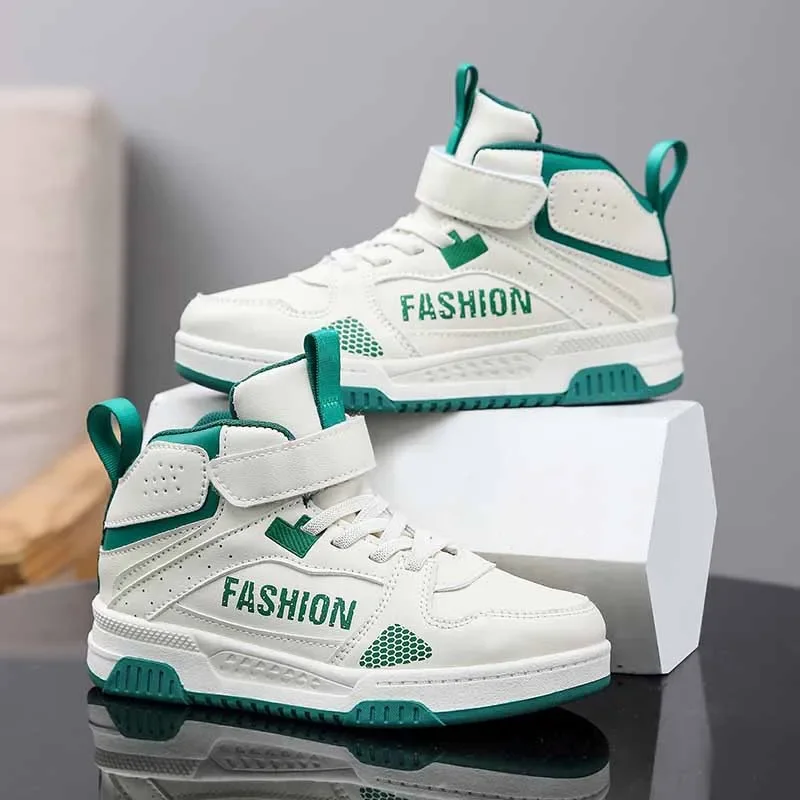 Boys' Shoes Spring and Autumn Leather Waterproof Children's Sneakers, Middle and Big Children's Basketball High-top Board Shoes,