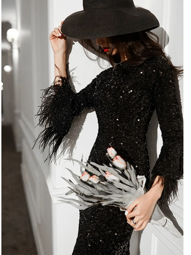 Customized Black Simple Elegant Temperament Sequined Flare Sleeve Weding Party Dresses Slim Waist Trumpet Prom Dress Feather Eve