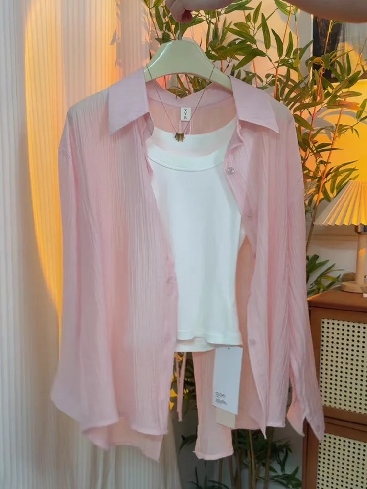 Women's Summer New Style Thin Long Sleeve Sun Protection Shirt Back Slit Tie Loose Drapey Top Korean Version Casual Shirt