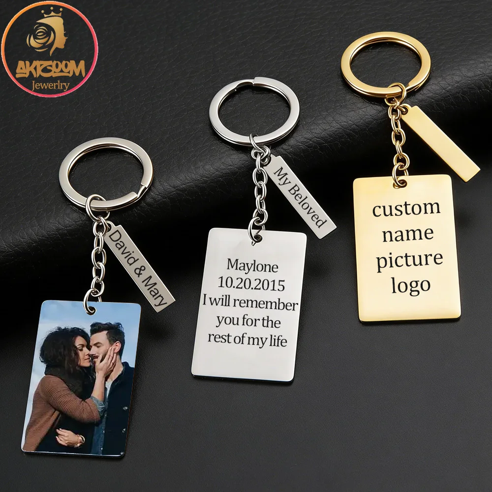 Akizoom Custom Photo Rectangle Keychain Stainless Steel Personalized Engrave Name Picture Bar Keyring for Woman Man Memory Gift