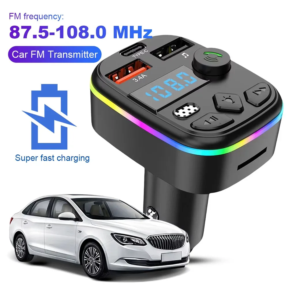 Type-C Wireless Light Handsfree PD QC3.0 Bluetooth PD Type-C Dual USB Ambient Player 5.0 Car FM Transmitter MP3 Charger