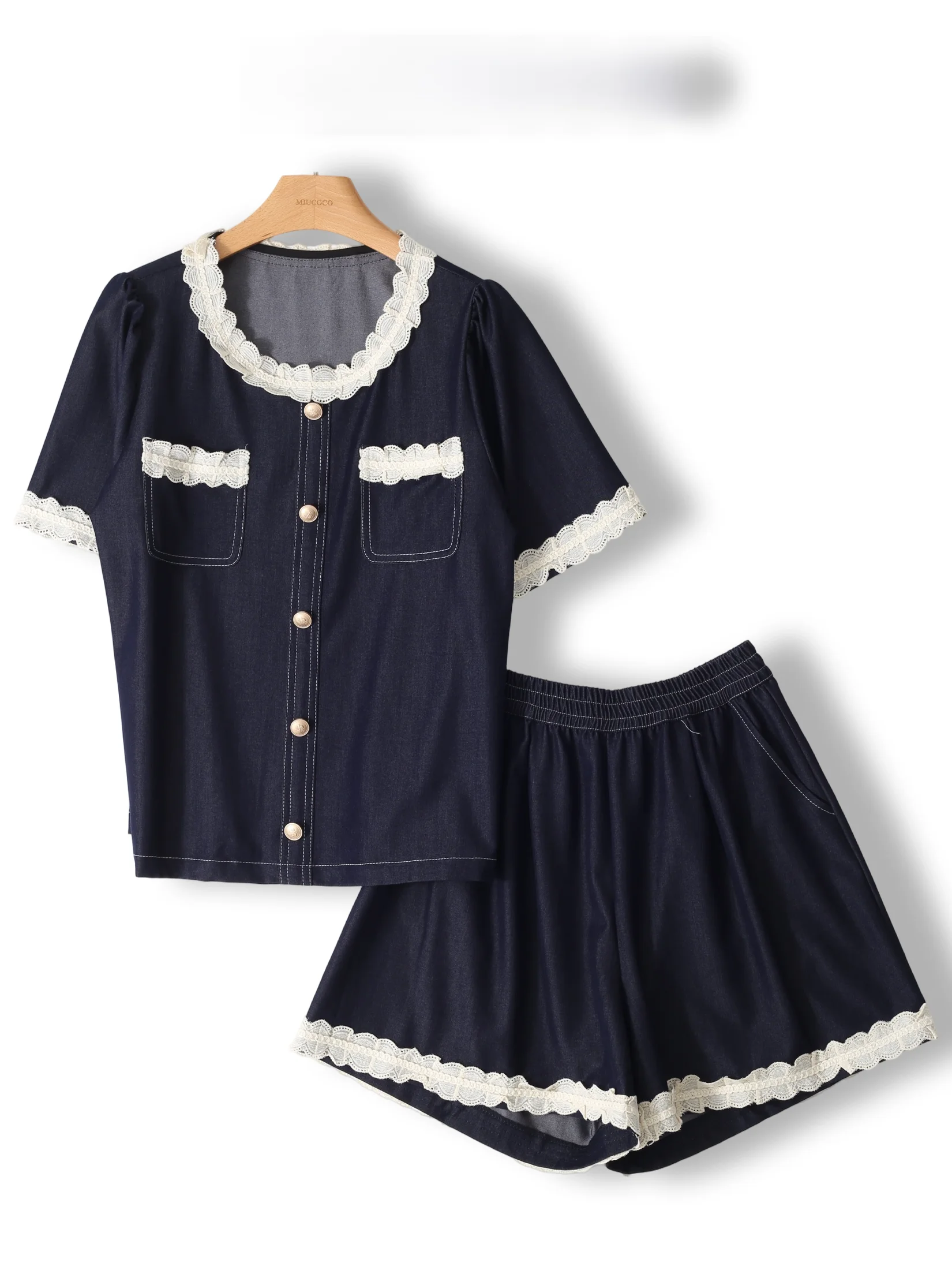 

Recommended Denim Lace Set Women's Summer New Style Top Shorts Two-Piece Set plus Size Women's Fashion Set