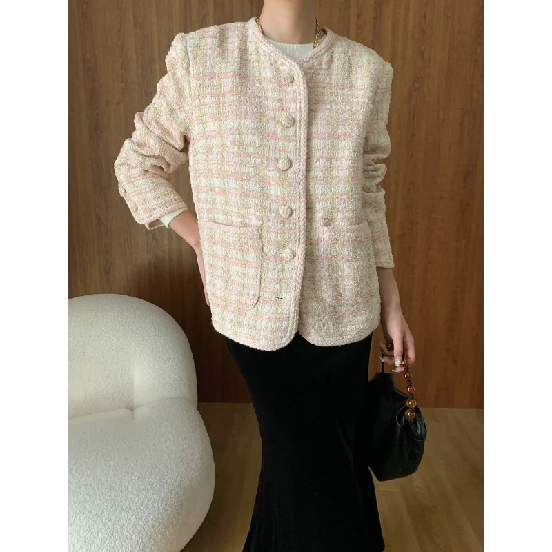 

French Sweet Light Pink Plaid Tweed Coat Women O Neck Casual Basic Loose Autumn High Quality Small Fragrance Long Sleeve Jackets
