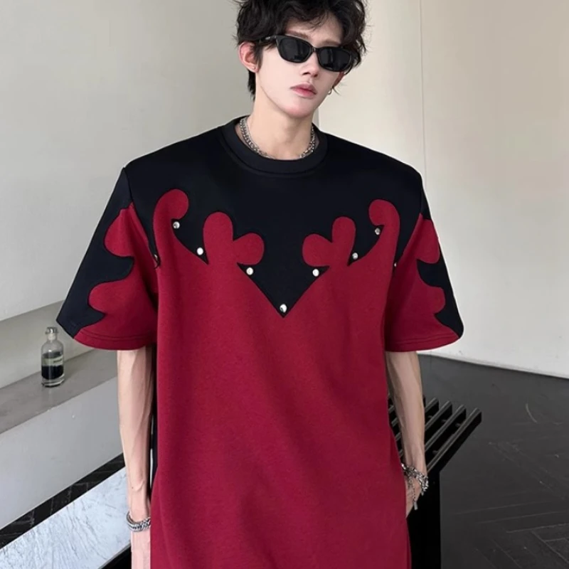 Creative Design Round Neck T-shirt for Men Metal Decoration Splicing Short Sleeved T-shirt Casual Social Hip Hop Streetwear Tee