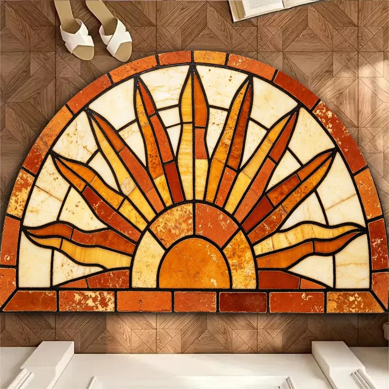 VIKAMA Semicircle Stained Glass Sun Doormat Retro Distressed Non Slip Bohemian Entrance Rug Front Door Floor Mat