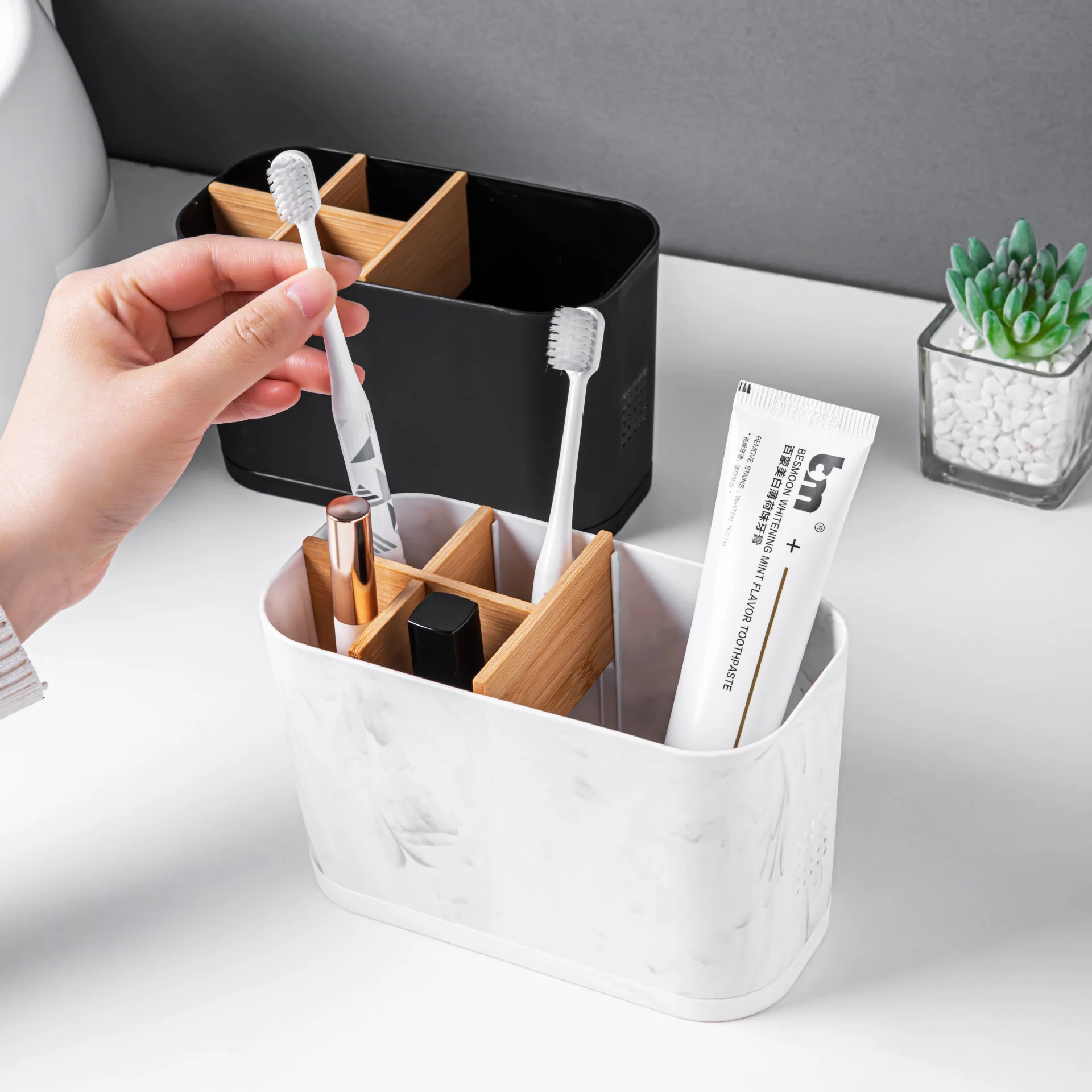 Bathroom Toothbrush Holder Organizer with Drain Tray, Toothpaste & Makeup Storage Rack, Countertop Organizer, Bamboo Dividers