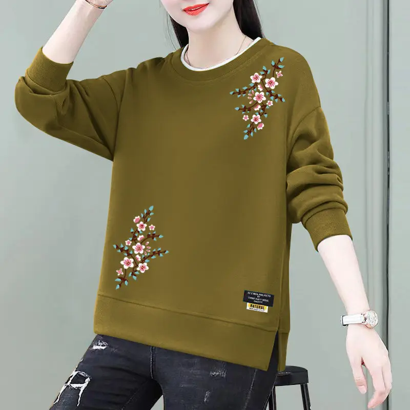 Spring Autumn Round Neck Women\'s Clothing Pullover Lantern Long Sleeve Hoodies Casual Elegant Office Lady Plant&Flowers Tops