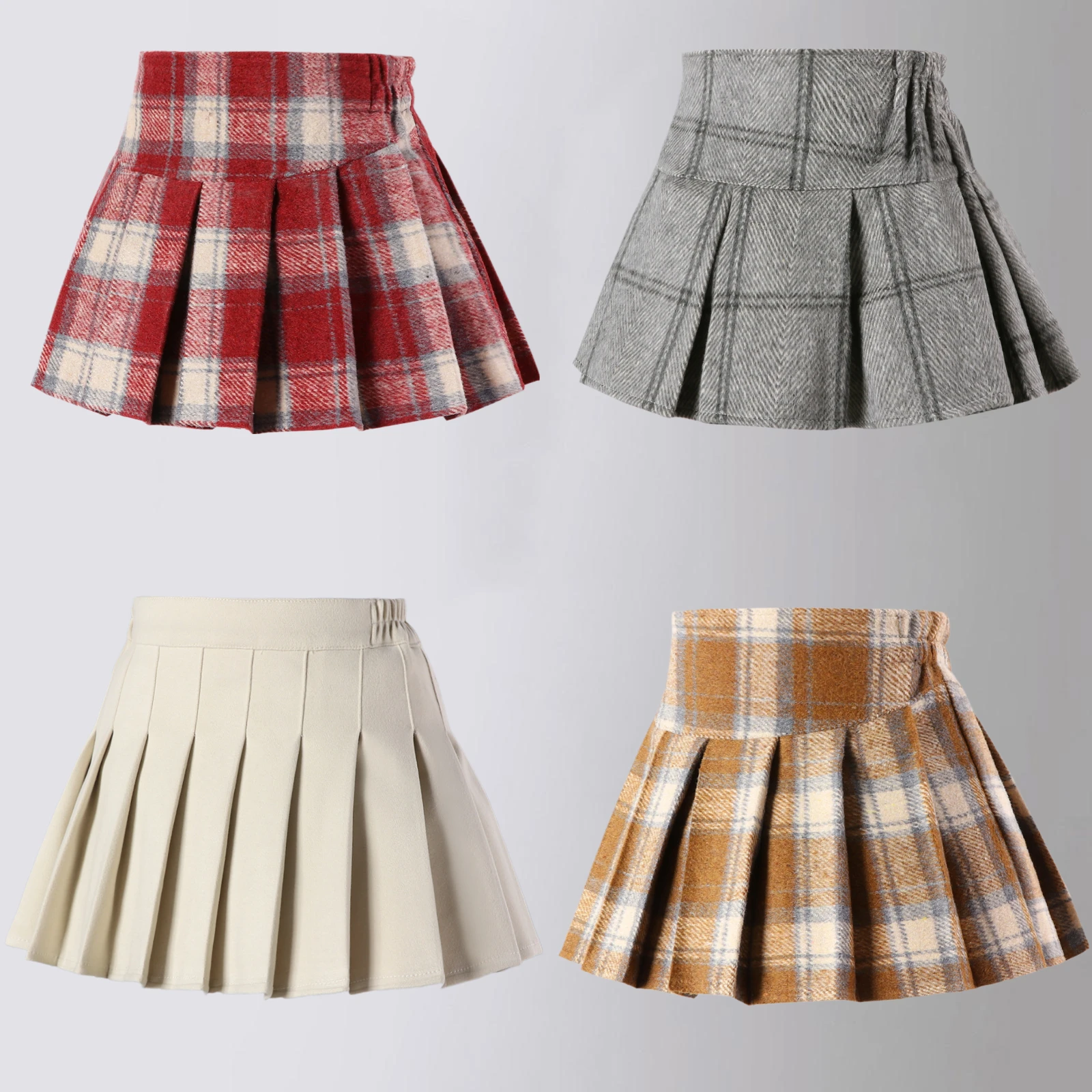 Girls Woolen Plaid Skirt Autumn Winter Thicken Warm A-line Short Skirt College Style Red New Year Christmas Costume Kids Clothes