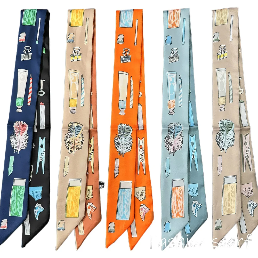 

5 шт., новый женский саржевый шелковый декоративный стример с перьями, упаковочная сумка, шелковый шарф с лентой, маленький шарф, оптовая продажа, женский шелковый шарф