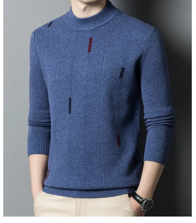 

Men Autumn Winter Round Neck Wool Cotton Sweater Warm Base Contrast-color Long Sleeve Classic Style Business Office Casual Z11