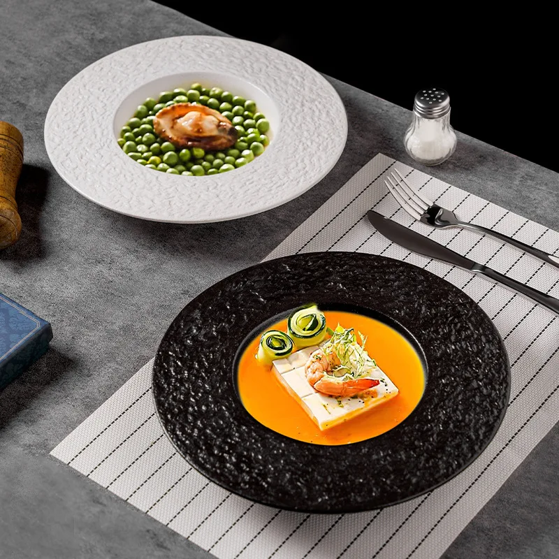 

Creative Embossed Rock Texture Ceramic Dinner Plate Soup Bowl Kitchen Dining Tableware 11-inch Round Deep Plate Kitchen Utensil
