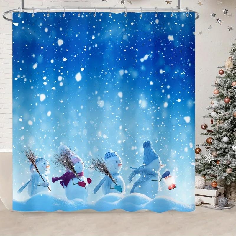 1pc Blue Christmas , Pure Polyester Waterproof Fabric Shower Curtain, with 12 Plastic Hooks, 72*72Inch