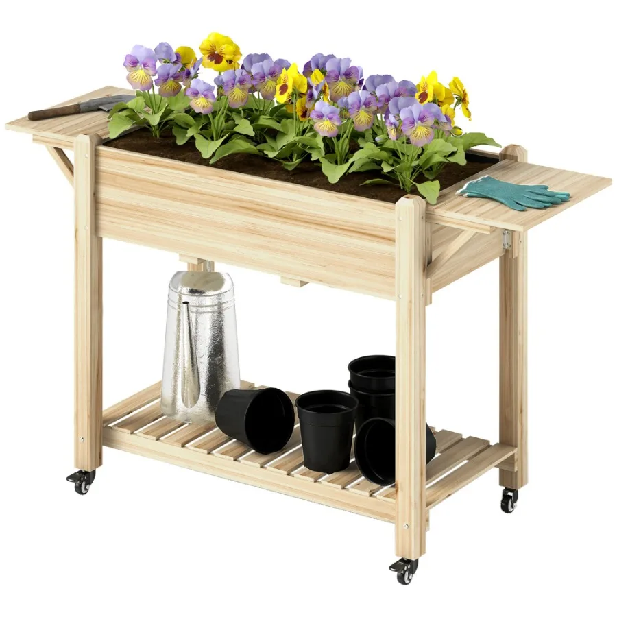 

Wood Raised Planter Box Elevated Garden Bed with Lockable Wheels Side Tables Bm Shelf Drain Holes Natural