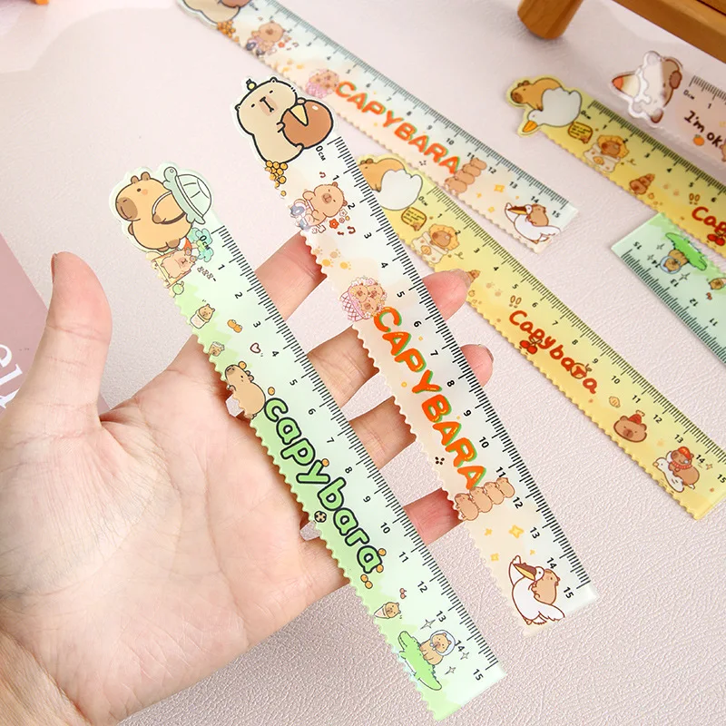 3pcs Cute Cartoon Capybara Ruler Student 15CM Acrylic Wave Straightening Ruler Drawing and Measuring Supplies Stationery