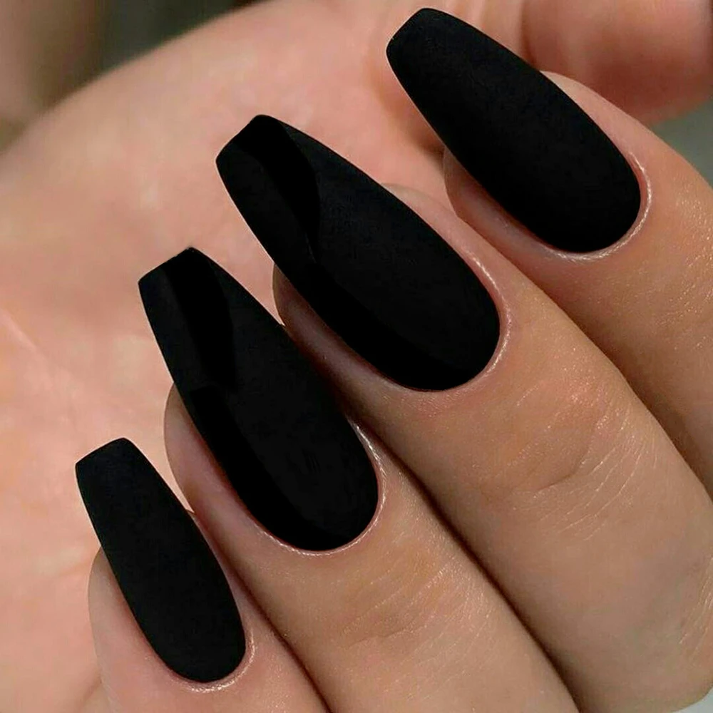 Matte Black Press On Nails Tips With Glue Artificial Short Fake Nails Coffin Shape DIY Finger Tips Manicure Tool