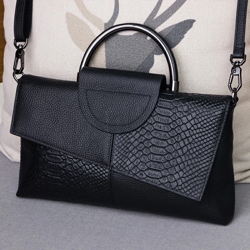 Alligator Pattern Women Genuine Leather Clutch Bag Black Crocodile Ladies Tote Handbag Luxury Cowhide Shoulder or Crossbody Bags