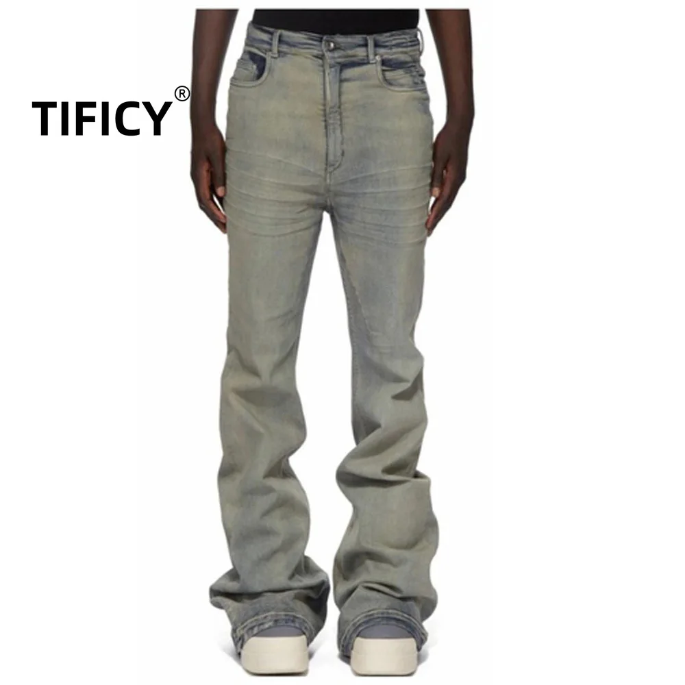 High Street Ro Style Washed Denim Pants Men's Blue High Waisted Slim Fit Elastic Pocket Pleated Horn Streetwear Jeans Pants