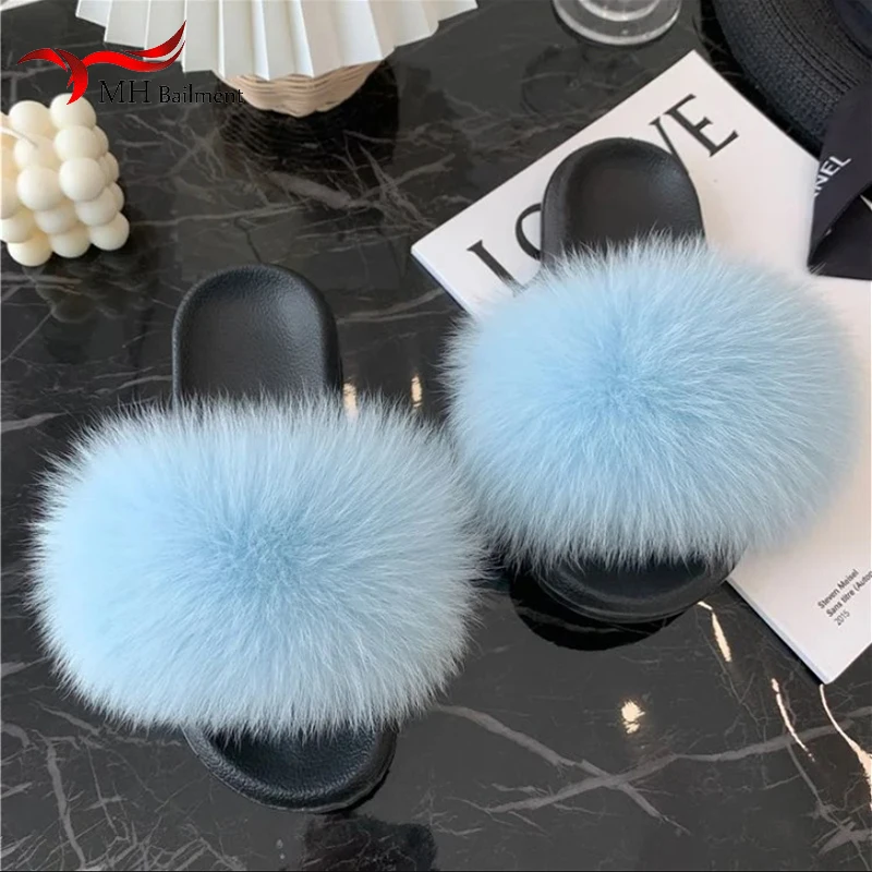 Fox Fur Slippers Luxury Designer House Shoes Fluffy Cute Home Plush Ladies Flip Flops Summer Outdoor Casual Fashion Flat Sandals