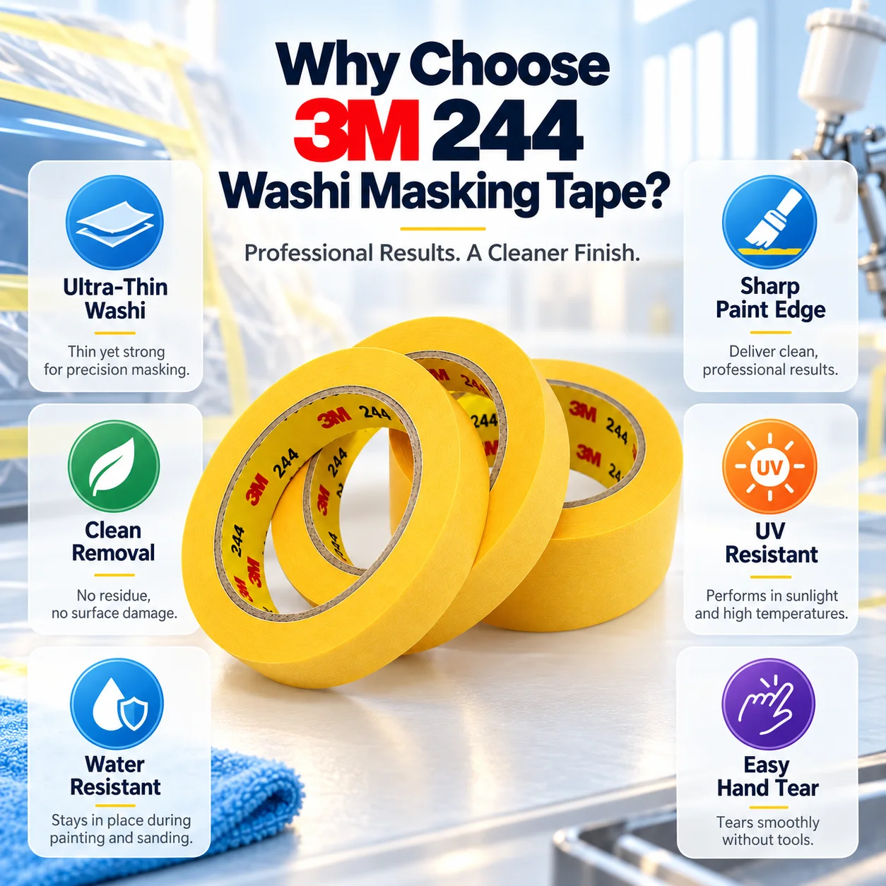 3M 244 Washi Masking Tape UV Resistant Clean Removal For Automotive Painting Car Detailing Metal Glass 6-50mm 50m
