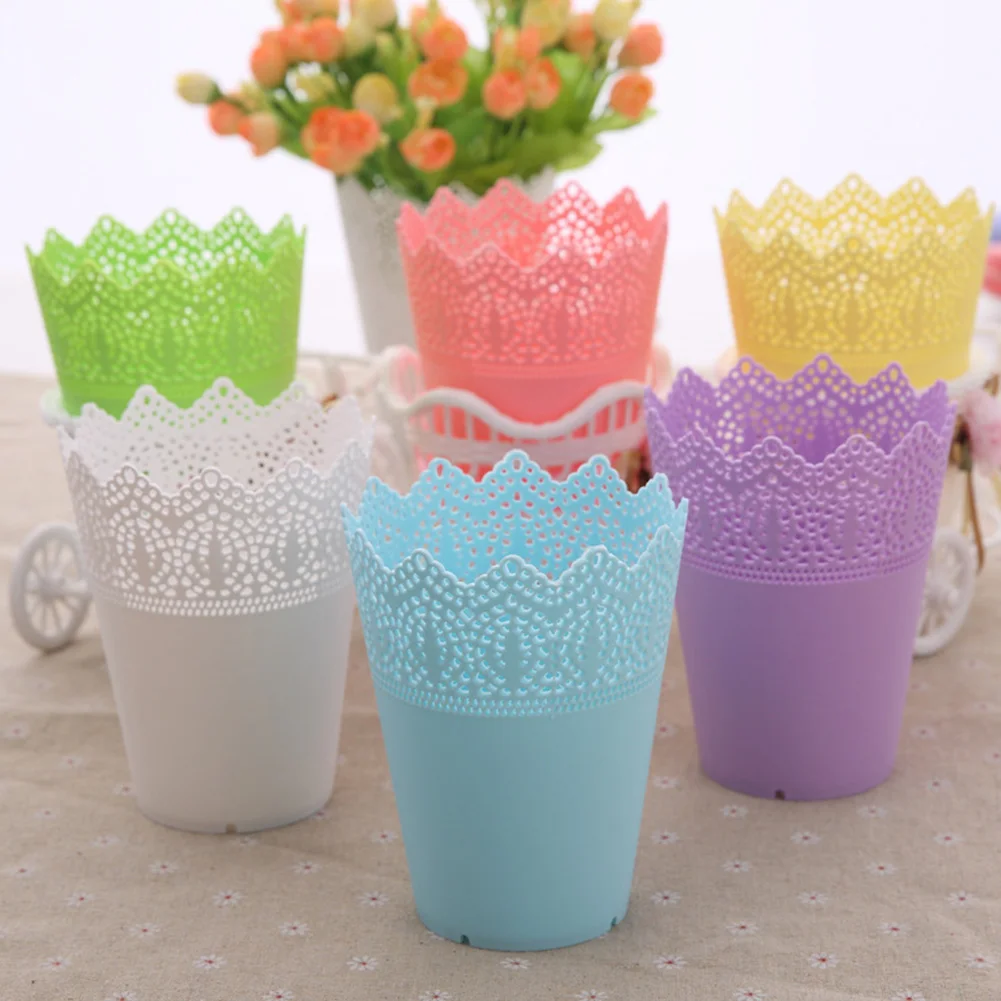 1Pcs Plastic Resin Flower Pots Small Crown Vase Organizing Cosmetics Stationery Holder Hollow Basket Garden Accessories