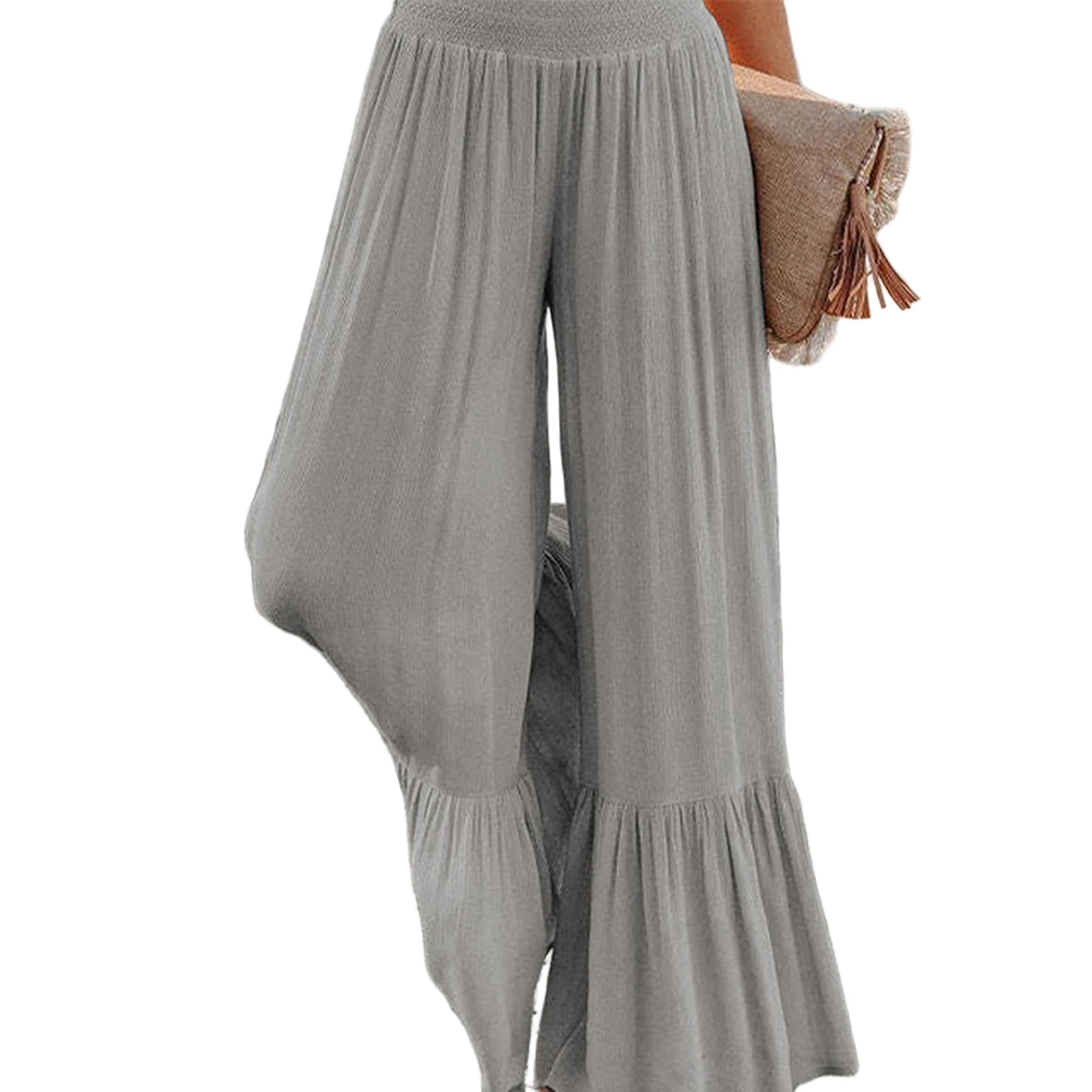 

Plus Size Solid Color High Waist Cinched Wide-Leg Casual Pants Daily Wear Loose Fit Stylish Versatile Soft Fabric Long Trousers