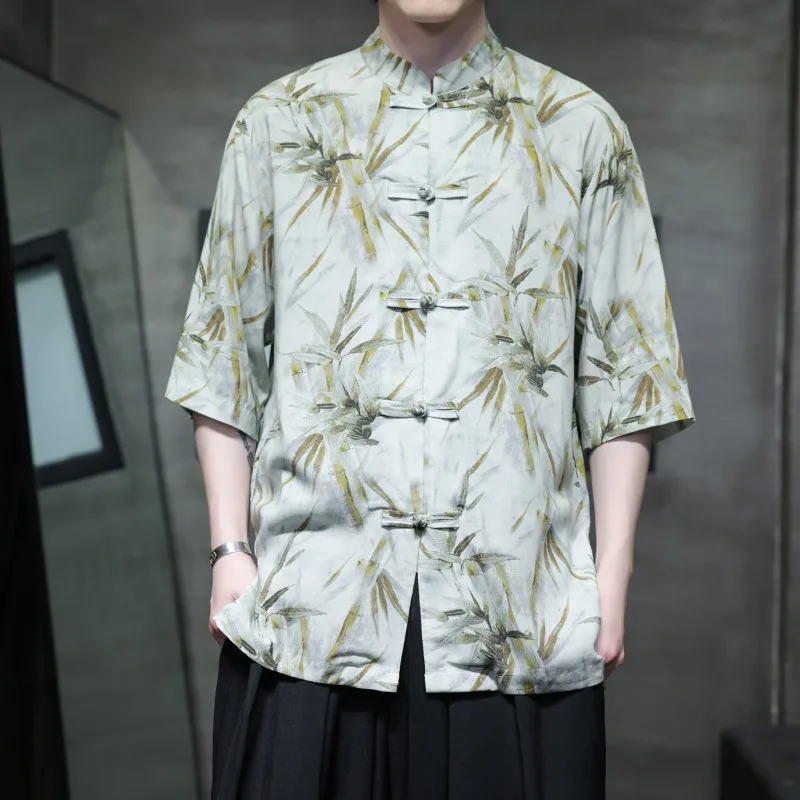 

Chinese Bamboo Leaf Printing Half Sleeve Shirts Men's Summer Cotton Linen Frog Stand-up Collar Shirt Retro Loose Casual Shirt