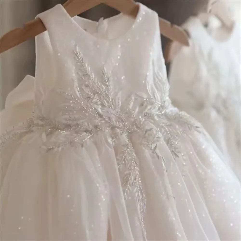 

Shiny Flower Girl Wedding Dress Appliques Beading with Bow Princess Birthday Party Dress Baptism First Communion Gown Customized