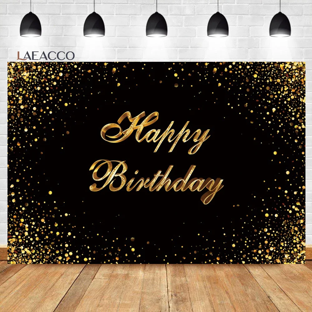 Laeacco Black and Gold Sparkle Shining Dots Happy Birthday Backdrop Glitter Kid Adult Portrait Customized Photography Background