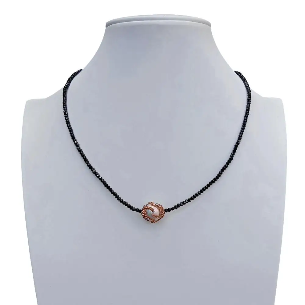 Y.YING Natural Black Spinel Faceted Cultured White Keshi Pearl Golden Crystal Pave Necklace Gemstone Jewelry