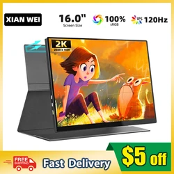 Monitor portátil de 16 pulgadas, pantalla 2K de 120Hz, 2560x1600p, 16:10, 100% sRGB, para juegos de oficina y viaje, para PC, Switch, portátil, teléfono, Xbox, PS4/5