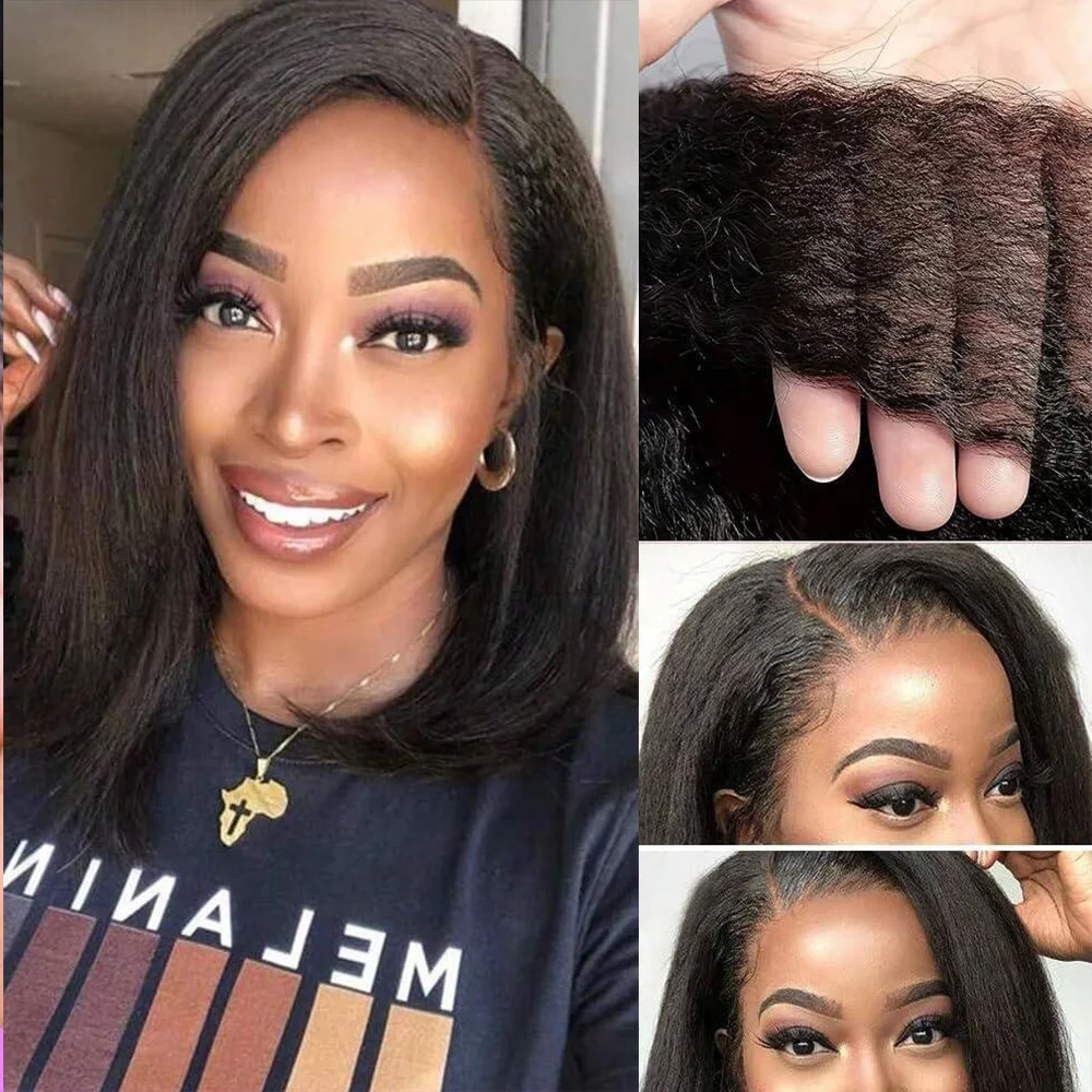 

14 Inch Kinky Straight HD Lace Front Wigs Human Hair No Glue 5X5 Closure Yaki Straight Wigs Human Hair For Women 250%