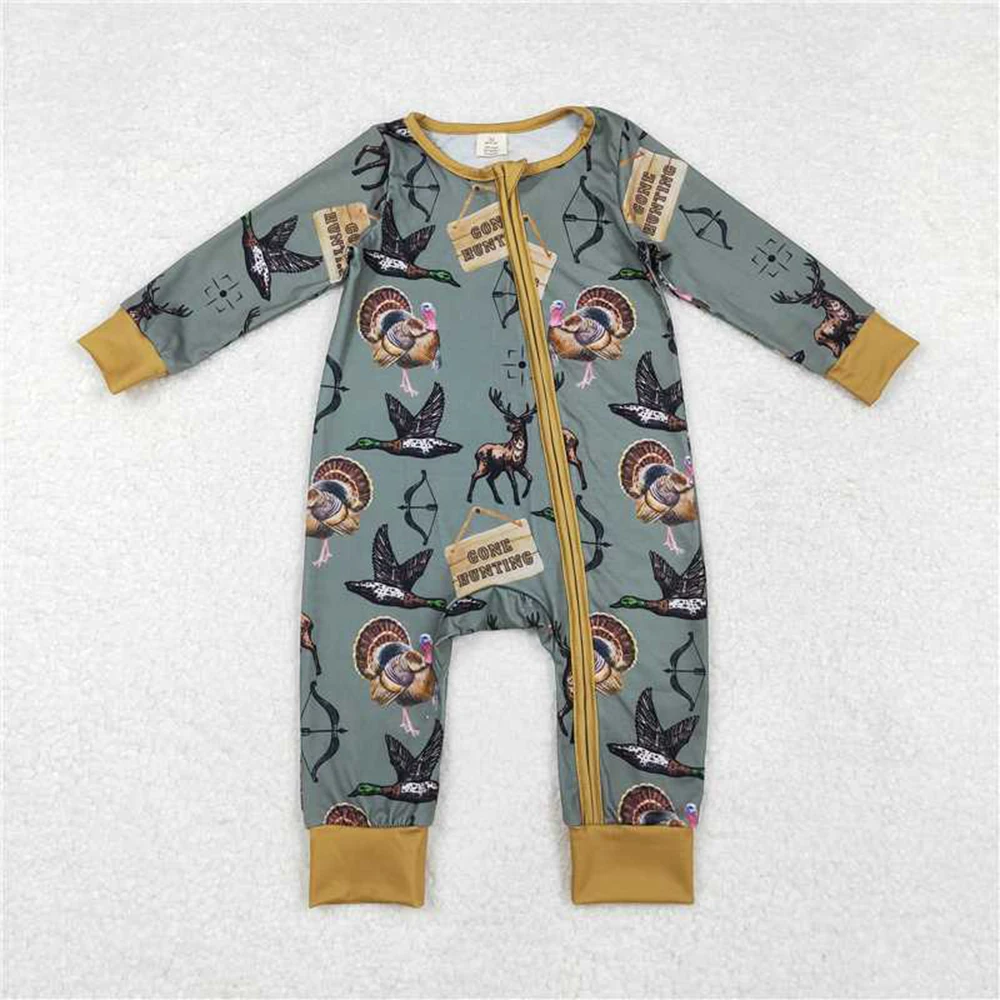 

Baby Boy Zipper Romper Infant Hunting Deers Ducks Theme Gone Hunting Babywear Soft Bamboo Fabric Baby Boy Outfit