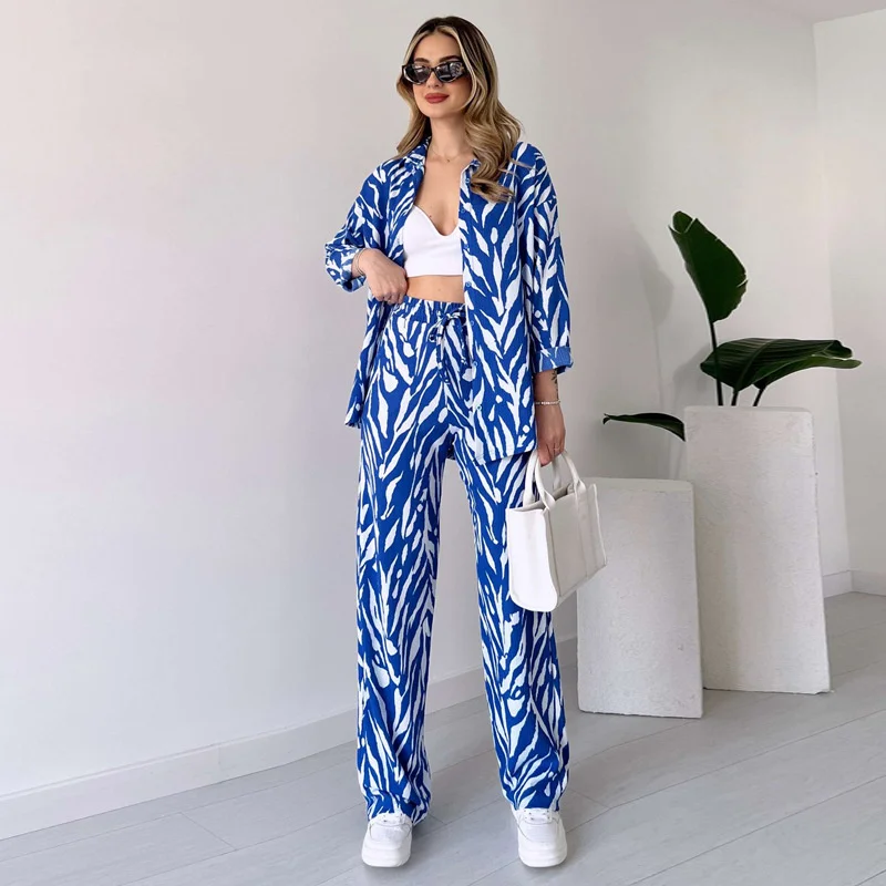 Print Shirt and Pants Set Long Sleeve Top Casual Wide Leg Pants Oversized Women Two Piece Sets Outfits 2024 Summer Trouser Suits