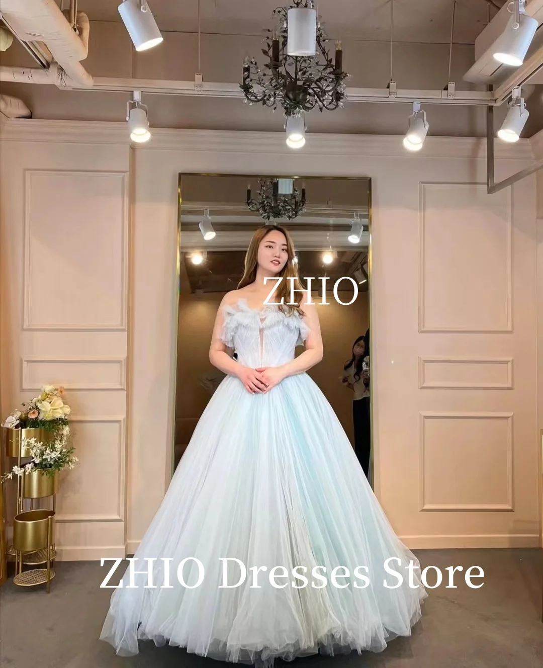 ZHIO Exquisite Blue Wedding Party Dress Strapless Pleat A-Line Tulle Korea Photo Shoot Bridal Reception Gown Customized Classic