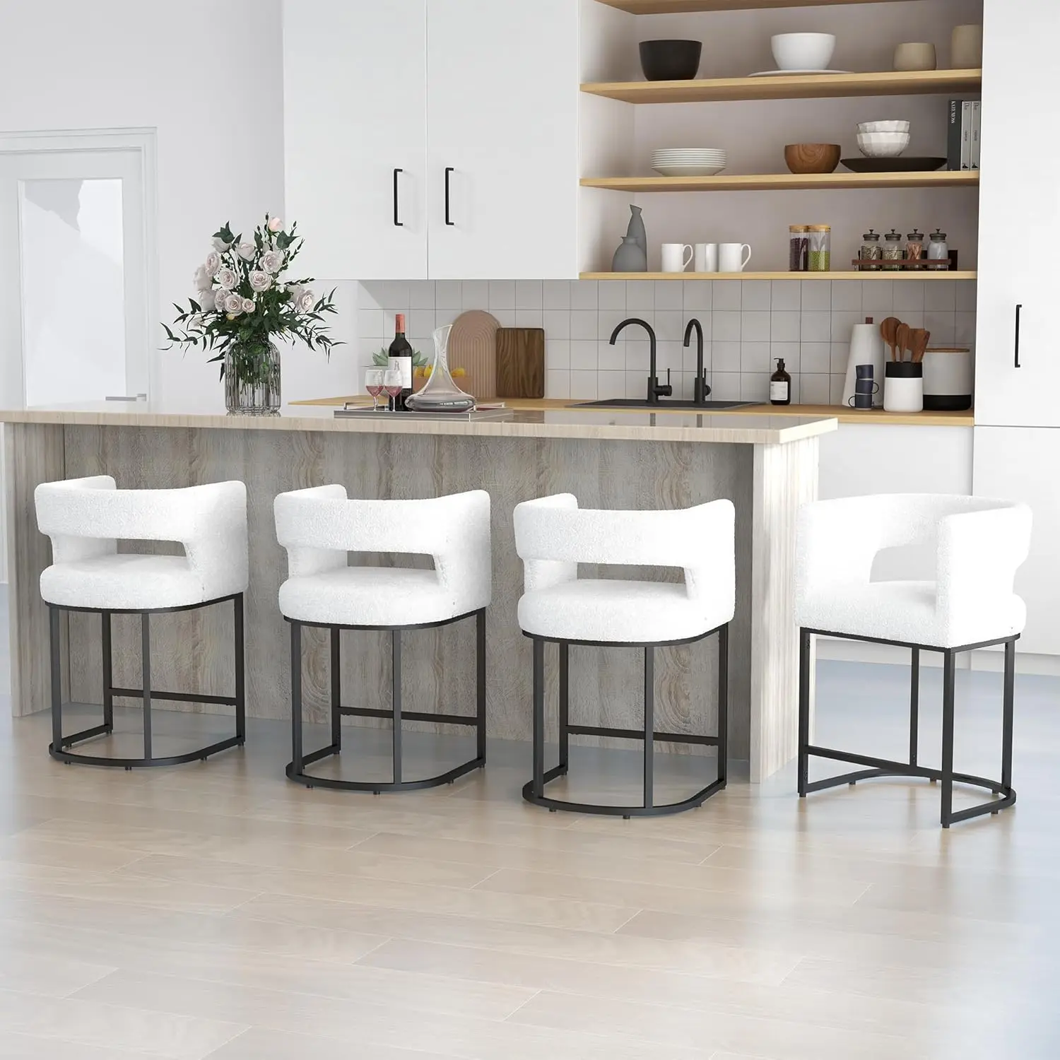 

Набор из 4 барных стульев, высота сиденья 26 дюймов, стулья для барной стойки с изогнутой спинкой, барные стулья из ткани шерпа, на заказ