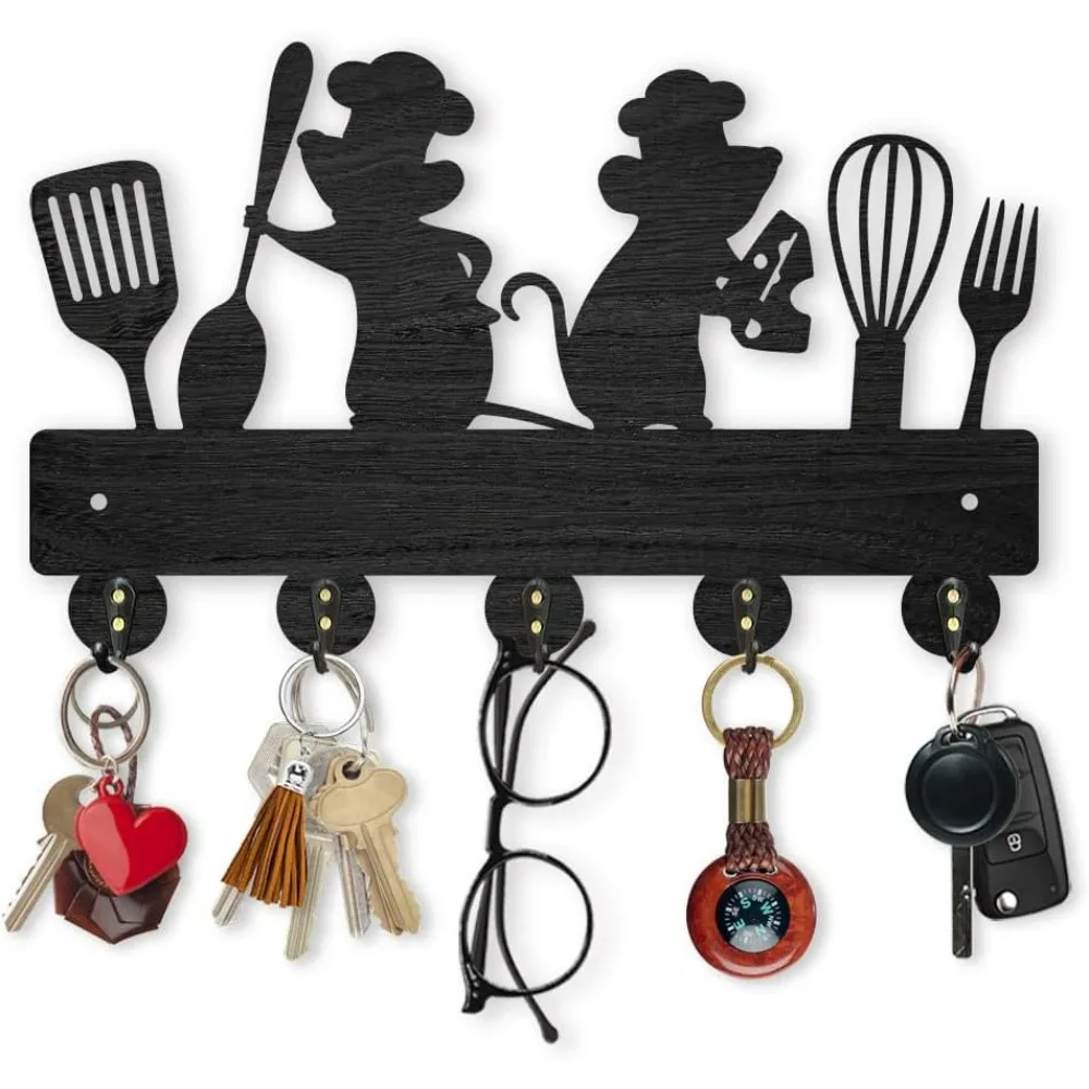 Mouse Kitchenware Coat Rack Wall Mount 11.8×7.2inch Wood Key Holder for Wall 2 Mice Spatula Spoon Fork Wall Key Hooks Hanger