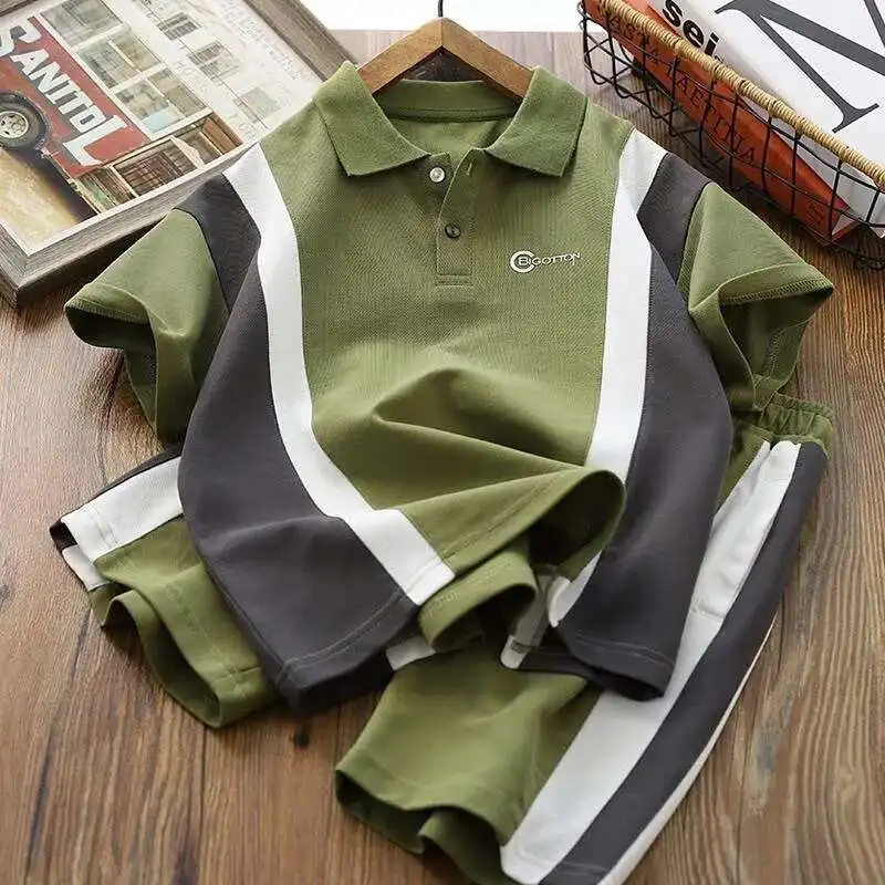 

Summer Clothes Teenage Boy Set Children Color Blocking Lapel Tshirts and Shorts 2pcs Short Sleeve Top Bottom Outfits Tracksuits