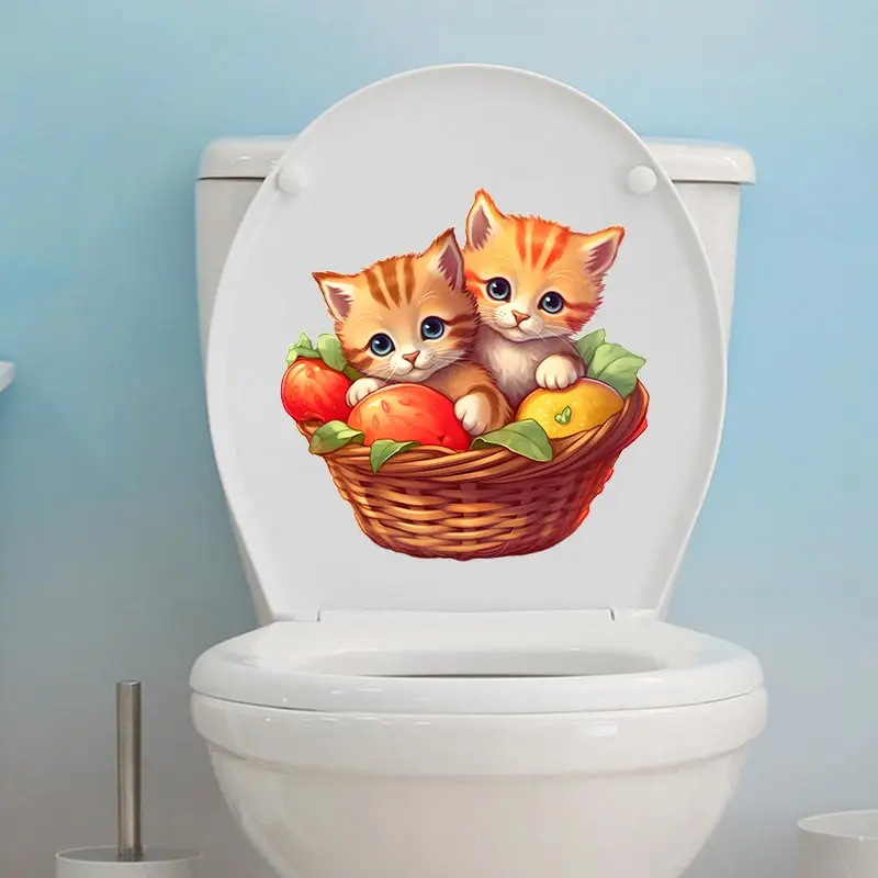 M748 Two Cute Kittens Toilet Stickers Cartoon Child Urination Toilet Lid WC Door Sticker Removable Self-Adhesive Decor Paper